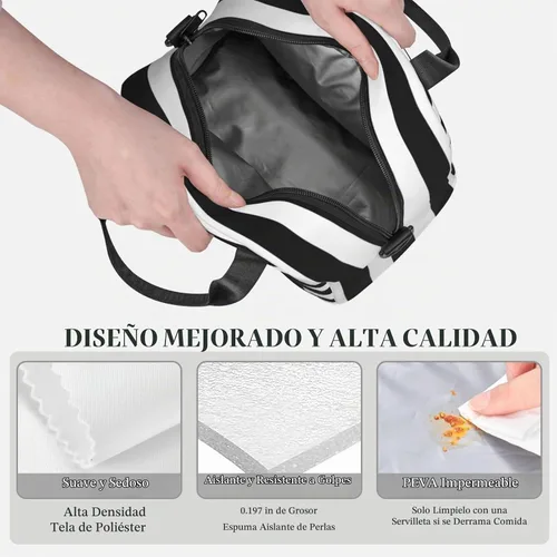 Vista 4 de Perinsto Bolsa de almuerzo a rayas blancas y negras con diseño de gatos, contenedor aislado reutilizable con correa de hombro ajustable, 9 x 5 x 7.8