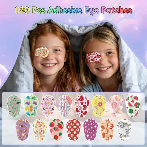 Vista 6 de 120 parches adhesivos para los ojos para niños, parches de ojos para niñas 15 estilos con 8 piezas cada uno, algodón suave transpirable a granel