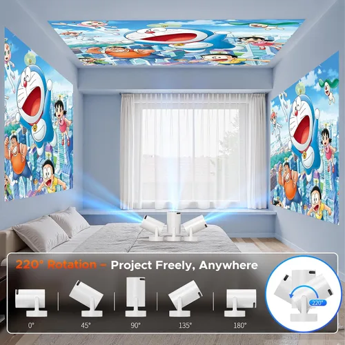 Vista 7 de Mini proyector con WiFi y Bluetooth, proyector de película portátil inteligente compatible con 4K, 300 ANSI, altavoz base de 5 W, rotación de 220°
