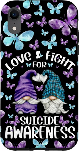 Vista 24 de iPhone 16 Purple Gnome With Cute Butterfly Pattern Suicide Awareness Case