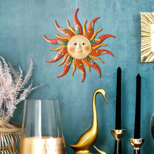 Vista 2 de Decoración de pared de sol de metal, 17.3 pulgadas, esculturas de jardín, estatuas, decoración de pared para interiores y exteriores, habitación