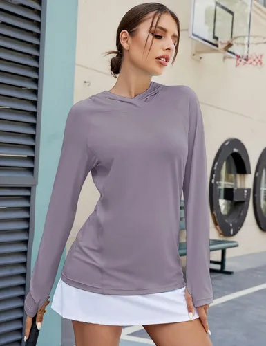 Vista 5 de LUYAA Sudadera con capucha para mujer, con protección solar UPF 50+, transpirable, elástica, de manga larga, para correr, entrenamiento al aire libre