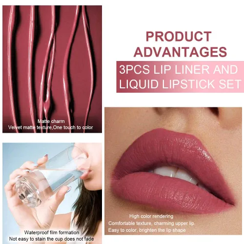 Vista 5 de evpct Juego de 3 lápices labiales líquidos y delineadores de labios para mujeres, 24 horas de larga duración, 24 horas, lápiz labial mate de larga