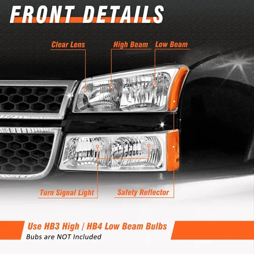 Vista 4 de 2003 2004 2005 2006 Conjunto de faros delanteros Chevy Silverado para 03 04 05 06 Chevy Silverado Avalanche 1500/2500/3500 Carcasa cromada Reflector