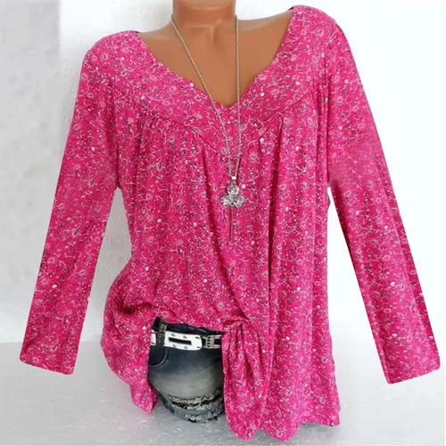 Vista 2 de Women Pleated T Shirts Floral Print Loose Fit Long Tops Tee for Women V Neck Fall Summer Tee Shirt 2024 Fashion