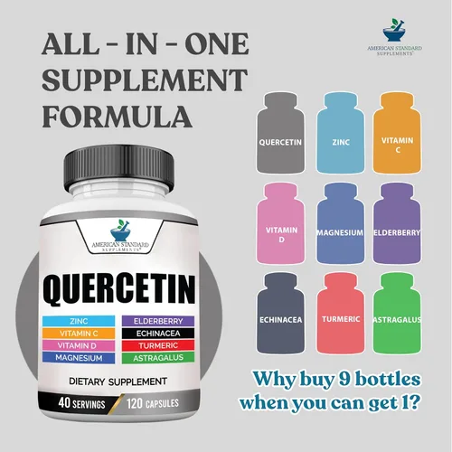 Vista 3 de American Standard Supplements Quercetina 1000 mg por porción con zinc, vitamina C, vitamina D3, magnesio, saúco, equinácea, cúrcuma, astrágalo, sin