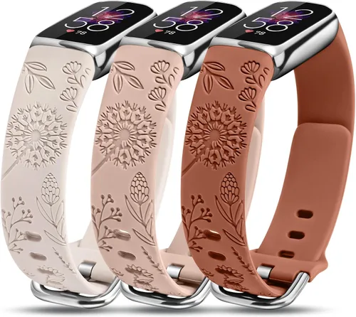 Vista 12 de Paquete de 3 correas compatibles con Fitbit Luxe para mujer, de silicona suave, con grabado floral, correa deportiva de diente de león, repuesto