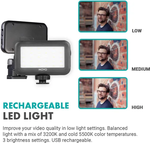 Vista 6 de Movo iVlog8 - Kit de vlogging para iPhone/Smartphone con sistema inalámbrico VHF integrado, luz de video LED, soporte de trípode, equipo de vlog
