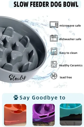 Vista 5 de Cuencos para perros de alimentación lenta, cuenco de cerámica para perros de tamaño mediano, color gris