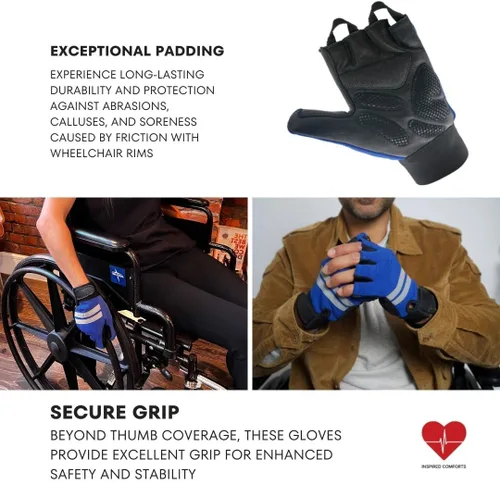 Vista 3 de Inspired Comforts Guantes para silla de ruedas, pulgar completo sin dedos, con agarre antideslizante, transpirables y reflectantes