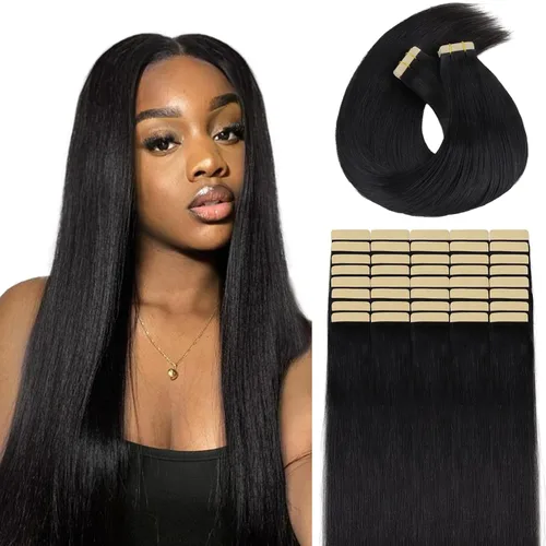 Vista 15 de Extensiones de cabello Lashey de 14 pulgadas; extensiones de cabello humano real lacio color negro azabache con trama adhesiva para mujeres, 20