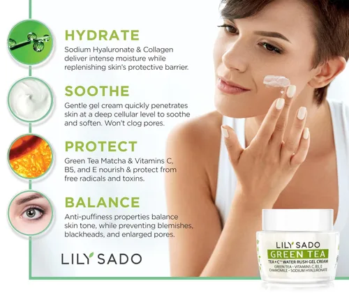 Vista 2 de LILY SADO TEA+C Green Tea Water Rush Gel Hidratante - Loción hidratante ligera antiarrugas con vitamina C - Hidrata y suaviza para una piel