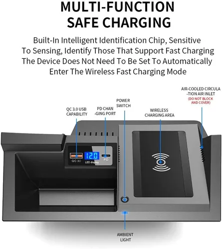 Vista 2 de Cargador inalámbrico CX-5 personalizado para Mazda CX5 2017-2025, 15 W Qi de carga rápida de almacenamiento de control central con puerto USB QC 3.0