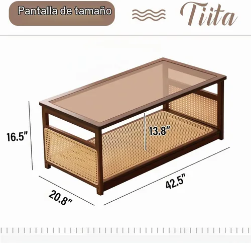 Vista 3 de Tiita Mesa de centro de bambú, tapa de vidrio, almacenamiento de ratán Marrón-42.5"x20.8"x16.5
