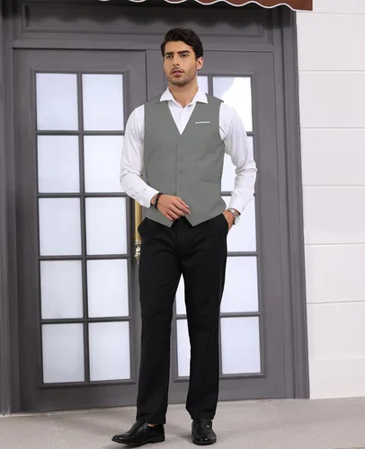 Vista 2 de Chaleco formal de negocios para hombre, chaleco ajustado con cuello en V, traje de esmoquin Gris