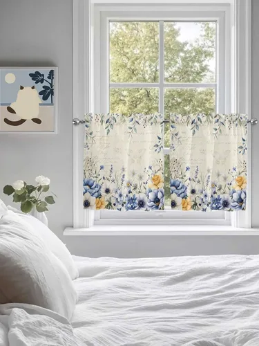 Vista 3 de Cortinas florales azules de primavera de 24 pulgadas de largo, 2 paneles, paneles de cortina con bolsillo para barra, flores botánicas de verano