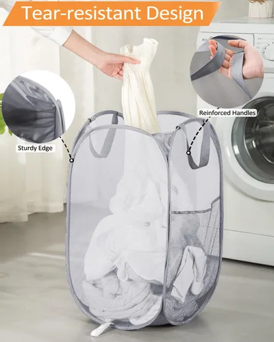 Vista 3 de Cestas de lavandería plegables duraderas, cesta de lavandería plegable con bolsillo lateral, cestas de ropa resistentes a desgarros para baño Gris