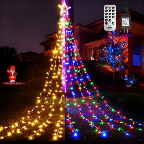 Vista 8 de WBao 344 luces LED de Navidad para decoración al aire libre con estrella de 12 pulgadas, luces de Navidad de cascada de 11.9 pies, control remoto, 8