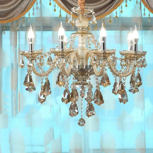 Vista 6 de Moderna lámpara de araña de cristal K9 Cognac de 6 luces, base de vela E12, lámpara colgante de cristal, elegante lámpara de techo de cristal