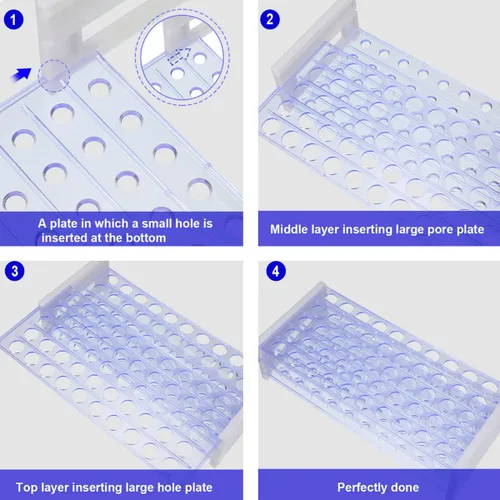 Vista 4 de Estante de tubo de ensayo acrílico transparente para tubos de 1.5/2/0.2 fl oz, soporte de tubo de laboratorio de 50 agujeros para tubos de ensayo