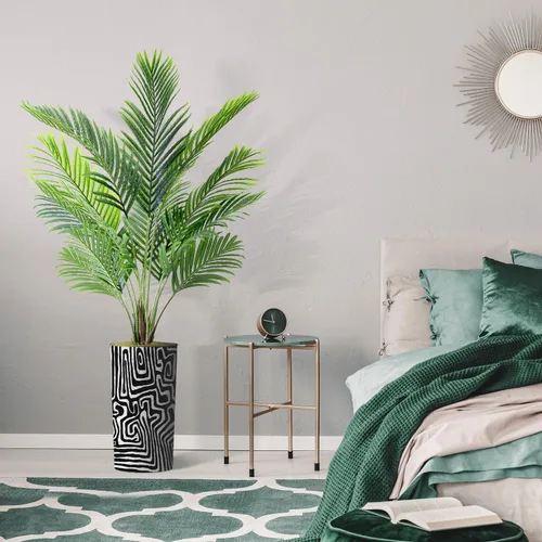Vista 5 de Árbol artificial en macetero con patrón geométrico moderno, palmera tropical areca artificial de seda para decoración del hogar en interiores