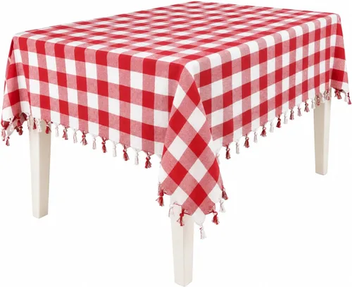 Vista 2 de DESTALYA Mantel a cuadros de 55 x 55 pulgadas, manta de picnic con flecos, 100% algodón, a cuadros, estilo rústico, para cocina