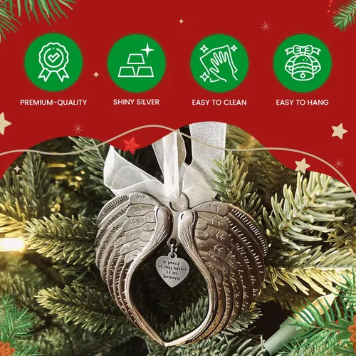 Vista 6 de Adornos de Navidad con alas de ángel – Un pedazo de mi corazón está en el cielo adorno para árbol de Navidad – Adorno conmemorativo de doble cara