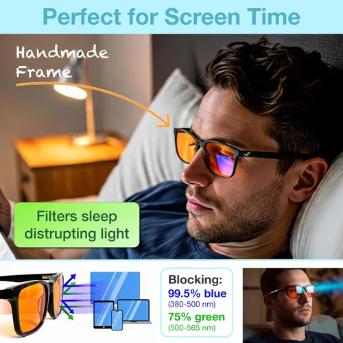 Vista 3 de Lentes de bloqueo de luz azul naranja para un mejor sueño – 99.5% acetato de alta calidad para mujeres y hombres – Gafas de juego ámbar