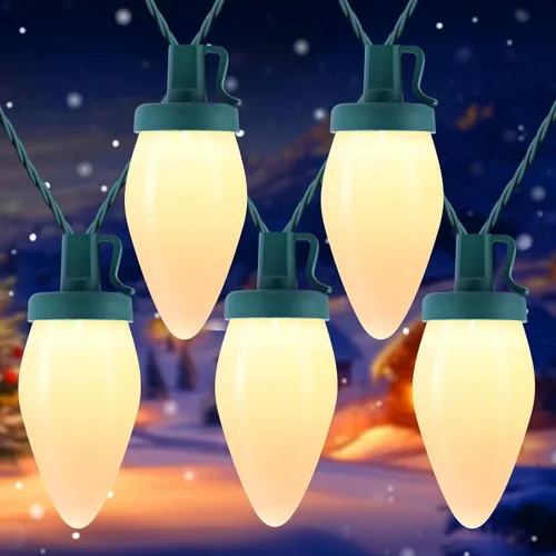 Vista 11 de Luces de Navidad C9 para Exteriores, 100 Pies de Luces de Cadena Impermeables Color Fresa con 100 Bombillas, Luces Impermeables Conectables