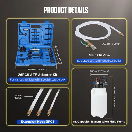 Vista 6 de Kit de Bomba de Transferencia de Líquido de Transmisión de 8L con 26PCS de Adaptadores ATF, Extractor de Aceite Automático y Dispensador Neumático