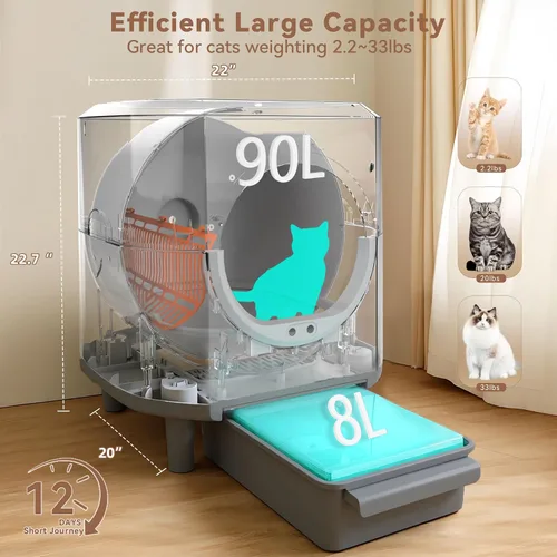 Vista 3 de Caja de arena autolimpiante para varios gatos, caja de arena automática para gatos de 90 litros, controlada por aplicación, protección de seguridad