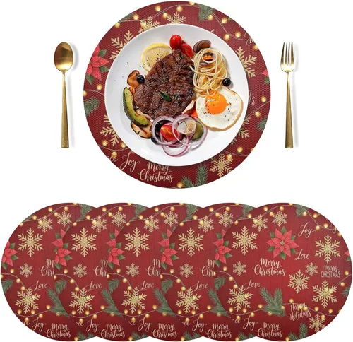 Vista 3 de Gold Snowflakes Red Placemats, Non Slip Placemats Washable Heat Resistant for Kitchen Table one sizex1