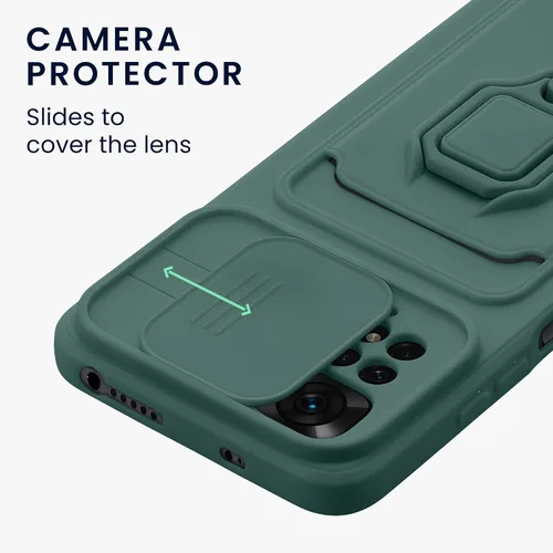 Vista 3 de kwmobile Funda de plástico compatible con Xiaomi Redmi Note 11 / Note 11S - Funda con soporte de metal con ranura para tarjetas - Verde musgo