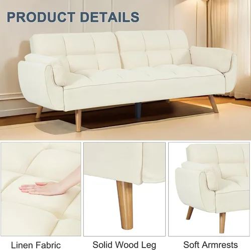 Vista 4 de Sofá cama tipo futón convertible, sofá cama con respaldo ajustable, sofá pequeño de espacio pequeño, sala de estar, dormitorio (beige)