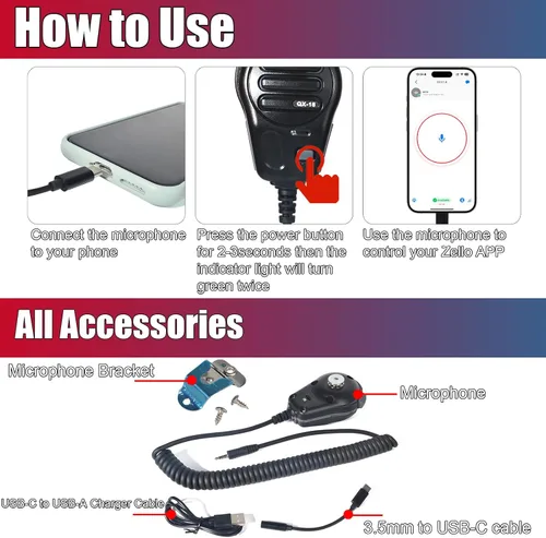 Vista 3 de PTT - Micrófono con cable para la aplicación ZELLO, compatible con iOS y Android con batería de 800 mAh, cable de carga, adaptador tipo C, soporte