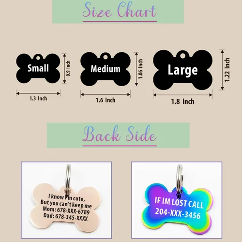 Vista 4 de Bonita placa de identificación de mascotas de acero inoxidable grabada en ambos lados, etiquetas personalizadas para gatos y perros para colgante