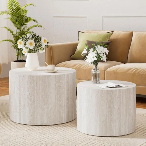 Vista 9 de Juego de 2 mesas auxiliares redondas de travertino de 18 pulgadas (travertino) for Living Room, Travertine Side End Table, Nested Design, Mid