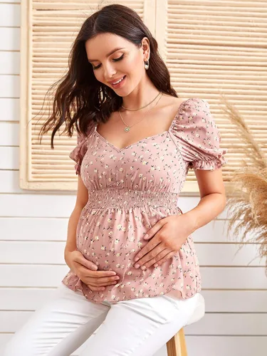 Vista 3 de OYOANGLE Women's Maternity Floral Print Blouse Short Sleeve Ruffle Hem Peplum Tops
