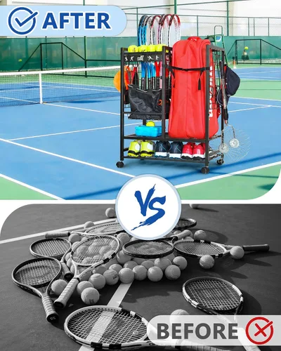 Vista 7 de Mythinglogic Estante de almacenamiento para bolsas de tenis, raqueta de tenis y organizador de pelotas, soporte para equipo de tenis para garaje