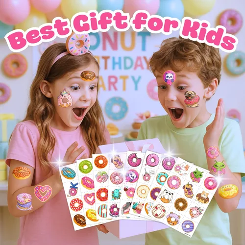 Vista 5 de 96 tatuajes temporales precortados de dona para niños, bonitas decoraciones de fiesta de cumpleaños, calcomanías para niñas y niños, recuerdos