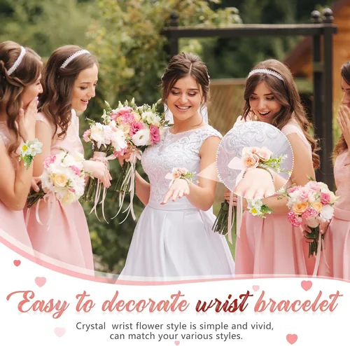 Vista 5 de Junkin 6 pulseras de ramillete con diamantes de imitación, elásticas, para decoración de bodas, bailes de graduación, aniversario (plateado)