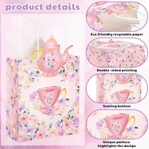Vista 3 de Lincia Paquete de 24 bolsas de regalo de fiesta de té, decoraciones de tazas de té, bolsas florales para golosinas con asas y diseño de tetera