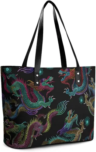 Vista 3 de Bolso de mano de cuero de dragones para mujer con asa superior, Multi