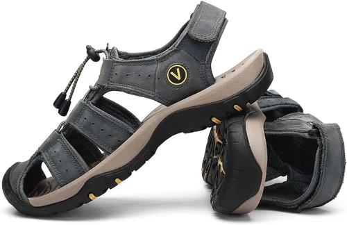Vista 6 de FLARUT - Sandalias deportivas para hombre, sandalias para senderismo y exteriores, diseño informal de cuero con punta cerrada, sandalias atléticas
