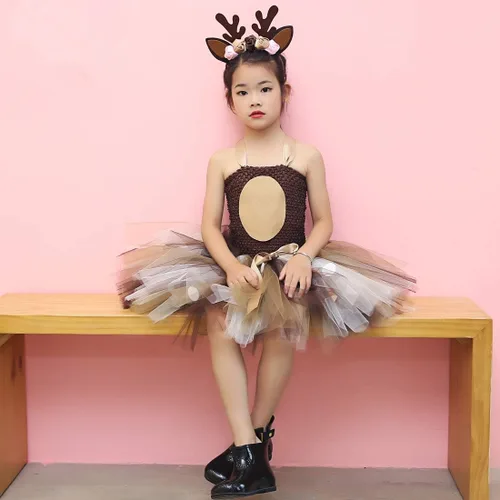 Vista 9 de HJTT Animal Costume for Girls Halloween Christmas Jungle Party Clothes Kids Fancy Deer Tutu Dress Up
