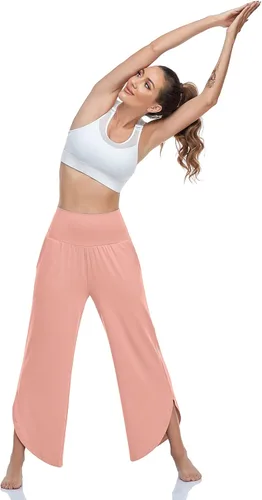 Vista 4 de UEU Pantalones de yoga de pierna ancha para mujer, de cintura alta, cómodos, holgados, casuales, suaves, con bolsillos