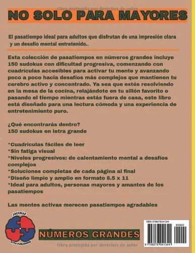 Vista 2 de Sudoku No Solo Para Mayores Números Grandes Niveles Progresivos Vol. 1 150 Pasatiempos para Ejercitar la Mente (Spanish Edition)