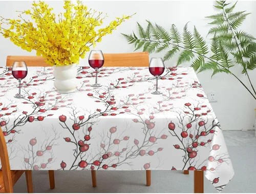 Vista 7 de Mantel rectangular decorativo con bayas rojas de acebo sin hojas, para comedor, barbacoa, picnic, mesa auxiliar, 52 x 70 pulgadas