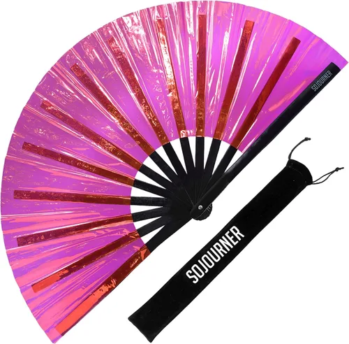 Vista 19 de SoJourner Bags Rave Fan – Abanico plegable grande – Abanico de mano Clack para raves, Halloween, Burlesque, atuendos arcoíris para mujeres