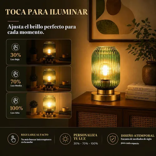 Vista 4 de Lámpara de mesa dorada moderna de mediados de siglo con pantalla de vidrio Verde